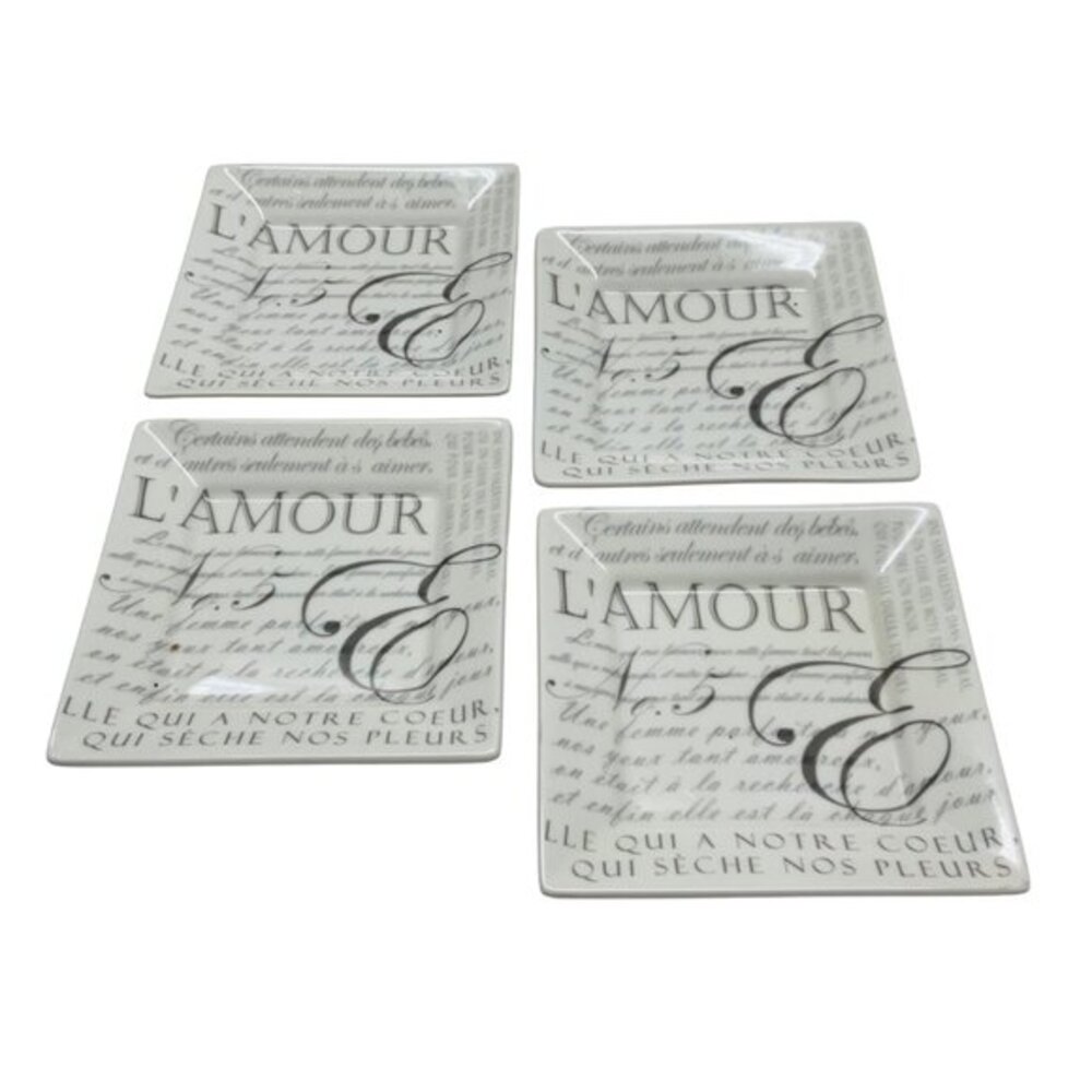 222 Fifth LAmour Fine China Square Plates Set Of 4 Script Design 6.25" Elegant F